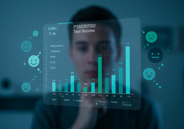 Person interpreting online PTSD test results on a screen.