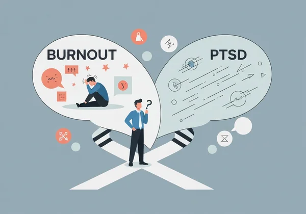 Person contemplating burnout vs PTSD, a mental health dilemma