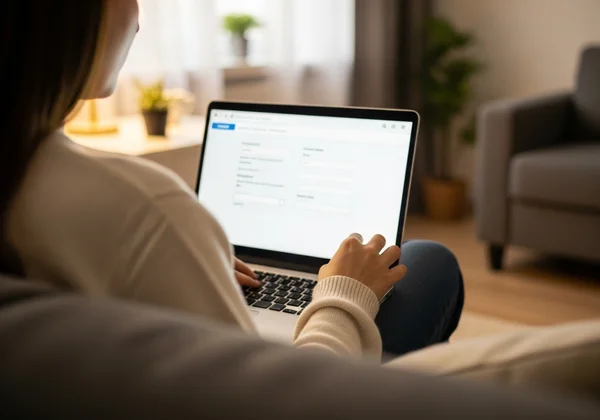 Person taking a confidential PTSD test on a laptop at home.