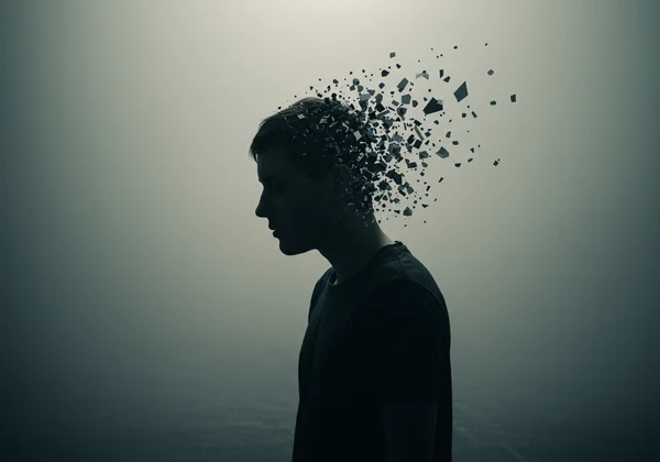 Person feeling isolated, with fragmented thoughts.