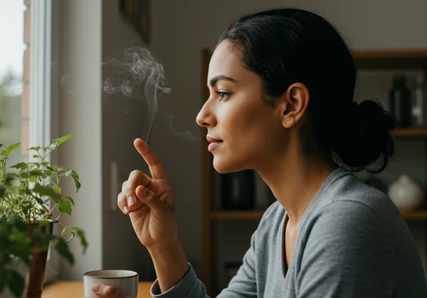 Person using 5-4-3-2-1 method, engaging senses