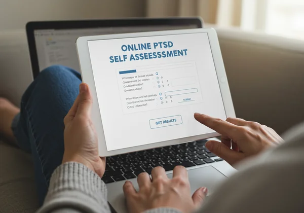 Person taking an online PTSD self-assessment test on a tablet