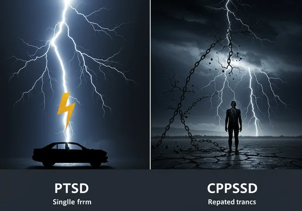 Diagram comparing single trauma PTSD vs. complex PTSD causes