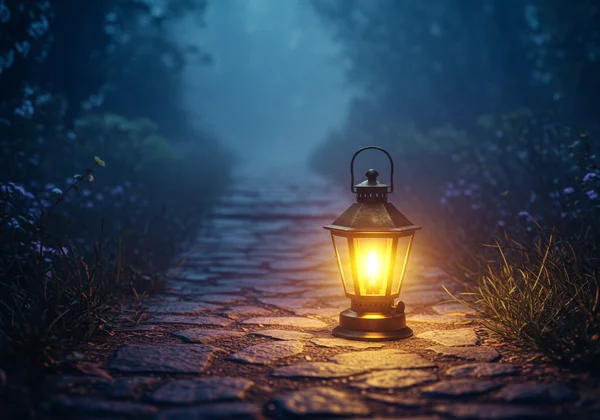 A warm lantern casting a gentle light on a path, symbolizing guidance and hope.